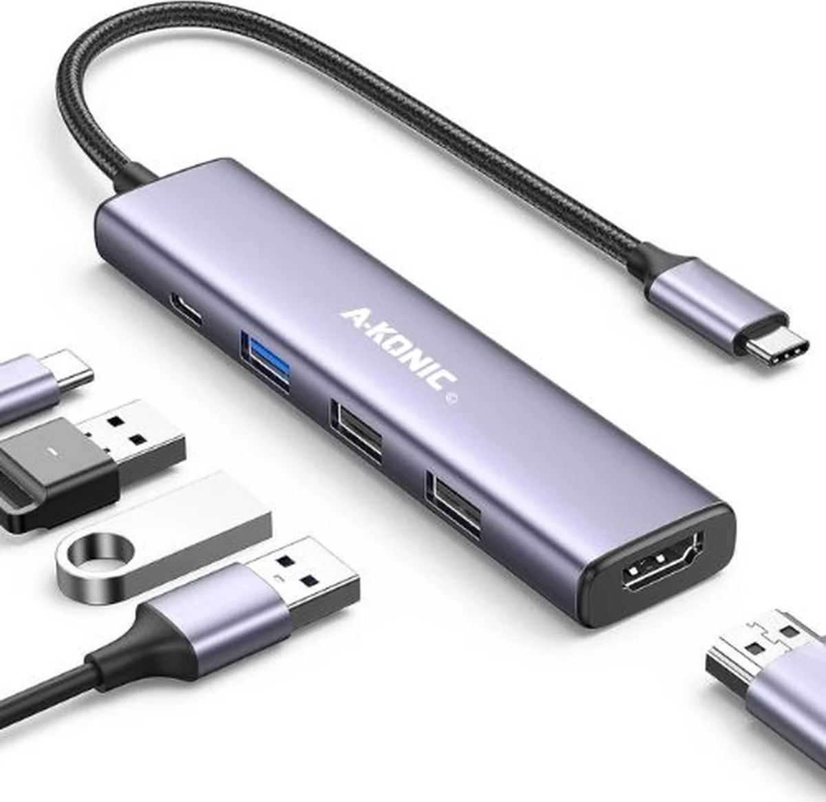 AKONIC USB-C HUB - Docking Station - HDMI 4K ULTRA HD - USB-C Power Delivery 100W - USB-A 3.0 - Uitbreiding Poorten - ZILVER - voor HP, Microsoft, Samsung, DELL, Asus, MSI, Acer, Lenovo, Medion, Sony etc.