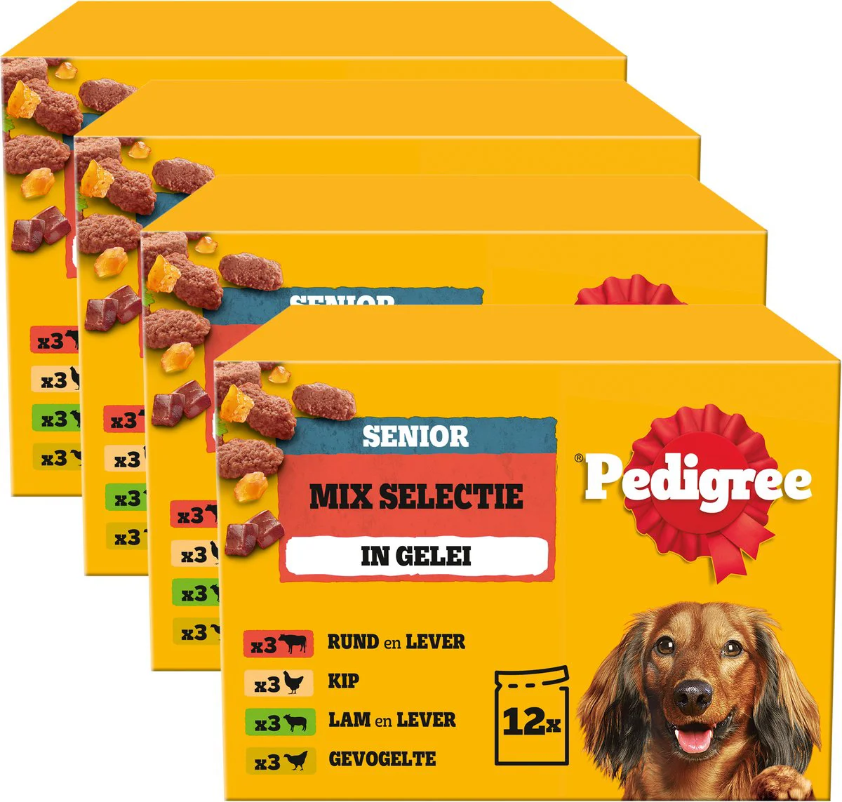 4x Pedigree Senior Honden Natvoer Vlees en Gevogelte in Gelei 12 x 100 gr