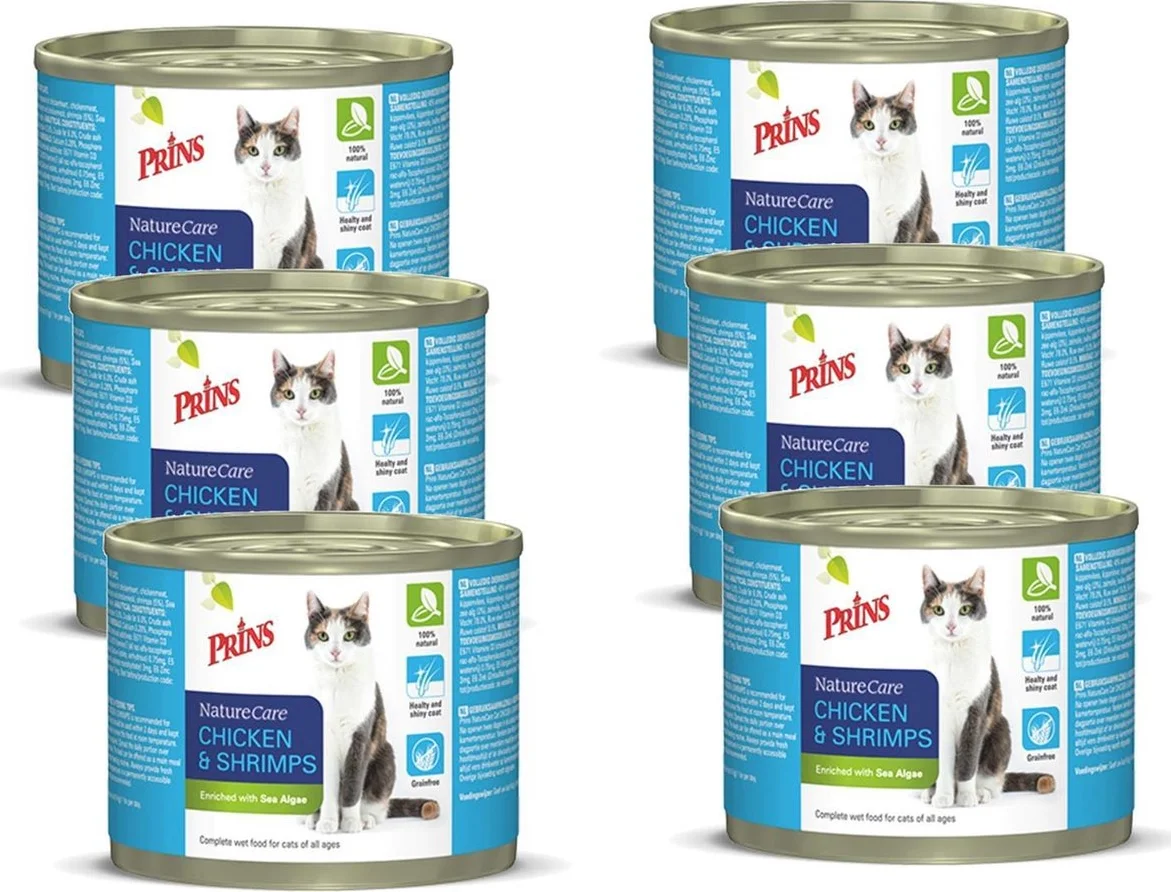 6x Prins NatureCare Kattenvoer Nat Kip & Garnaal 200 gr