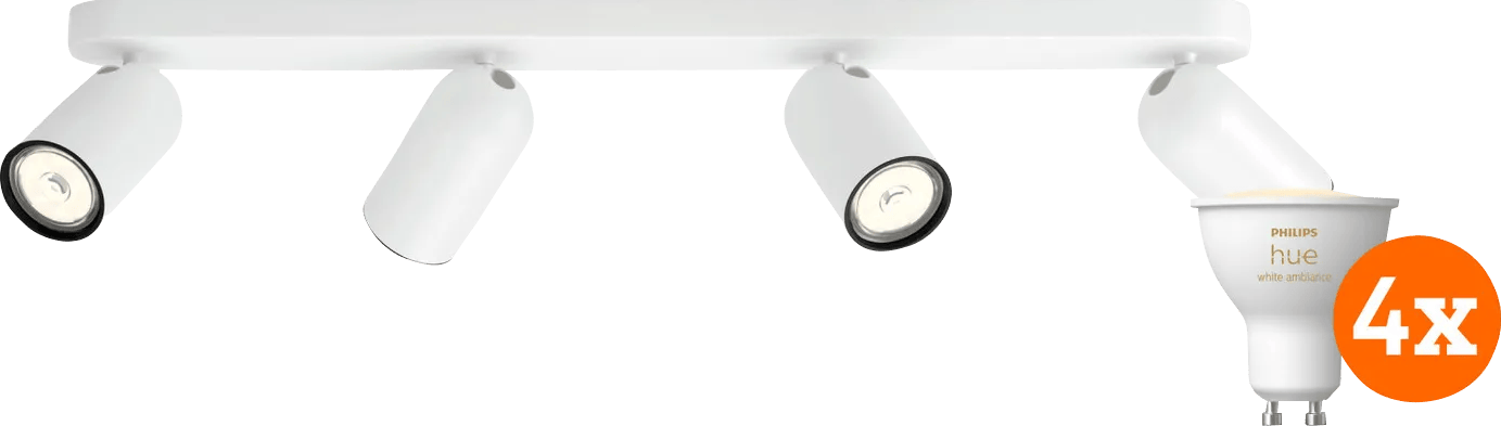 Philips Pongee opbouwspot - 4 spots - wit + Philips Hue White Ambiance GU10 (4x)