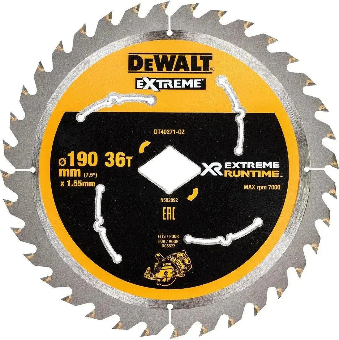 DeWALT Cirkelzaagblad voor Hout | Extreme Runtime | Ø 190mm Asgat Ruit 36T - DT40271-QZ