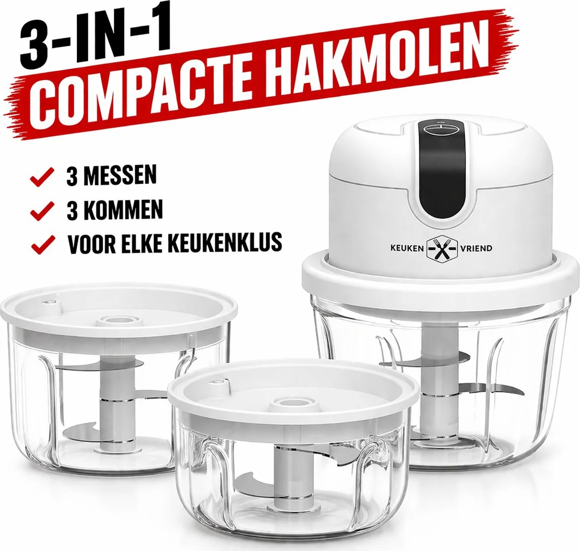 Keukenvriend © - Hakmolen SET - 350 + 250 + 100ML - Hulpje in de keuken - Hakmolen elektrisch - Vaatwasbestendig - USB oplaadbaar - Mini Portable Chopper - Blender - Keukenmachine - Krachtig - Draadloos - Babyvoeding blender