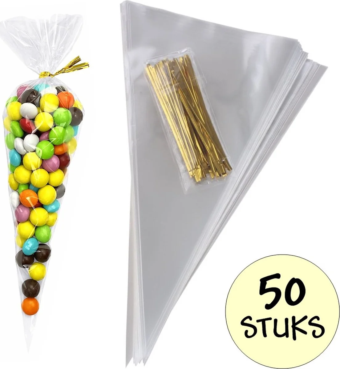 50x Cellofaan Puntzakken 25x13 cm - 50 Stuks Puntzak Doorzichtig - Traktatie Zak - Uitdeelzak - Snoepzak - Inclusief Sluitstrips Goud - 13x25 cm - 50 Stuks