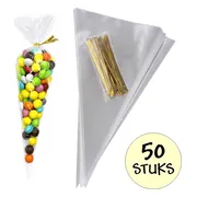 50x Cellofaan Puntzakken 25x13 cm - 50 Stuks Puntzak Doorzichtig - Traktatie Zak - Uitdeelzak - Snoepzak - Inclusief Sluitstrips Goud - 13x25 cm - 50 Stuks