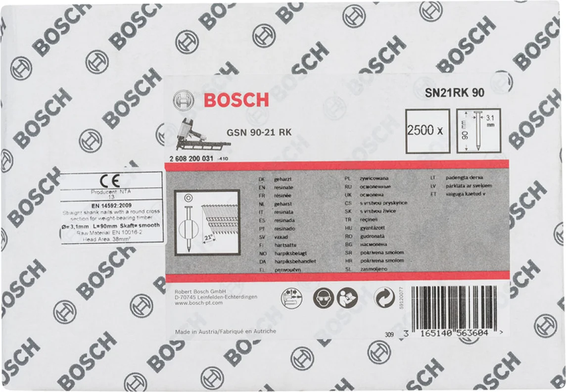 Bosch Professional PRO SN21FH Full-head nagel 90 mm | 21° | Glad | Blank | 3,1 x 7,0 | 2500 stuks - 2608200031