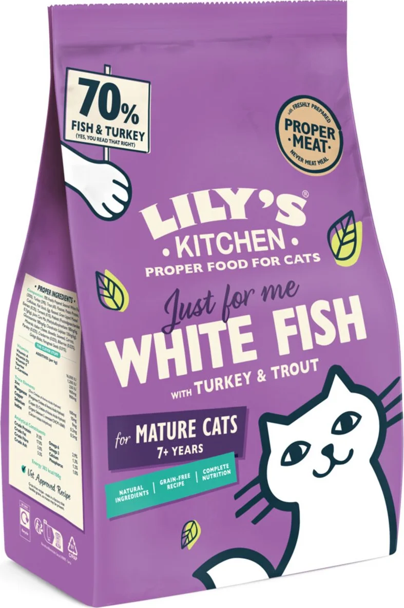 4x Lily's Kitchen Kattenvoer Droog Senior Witvis Kalkoen Forel 800 gr