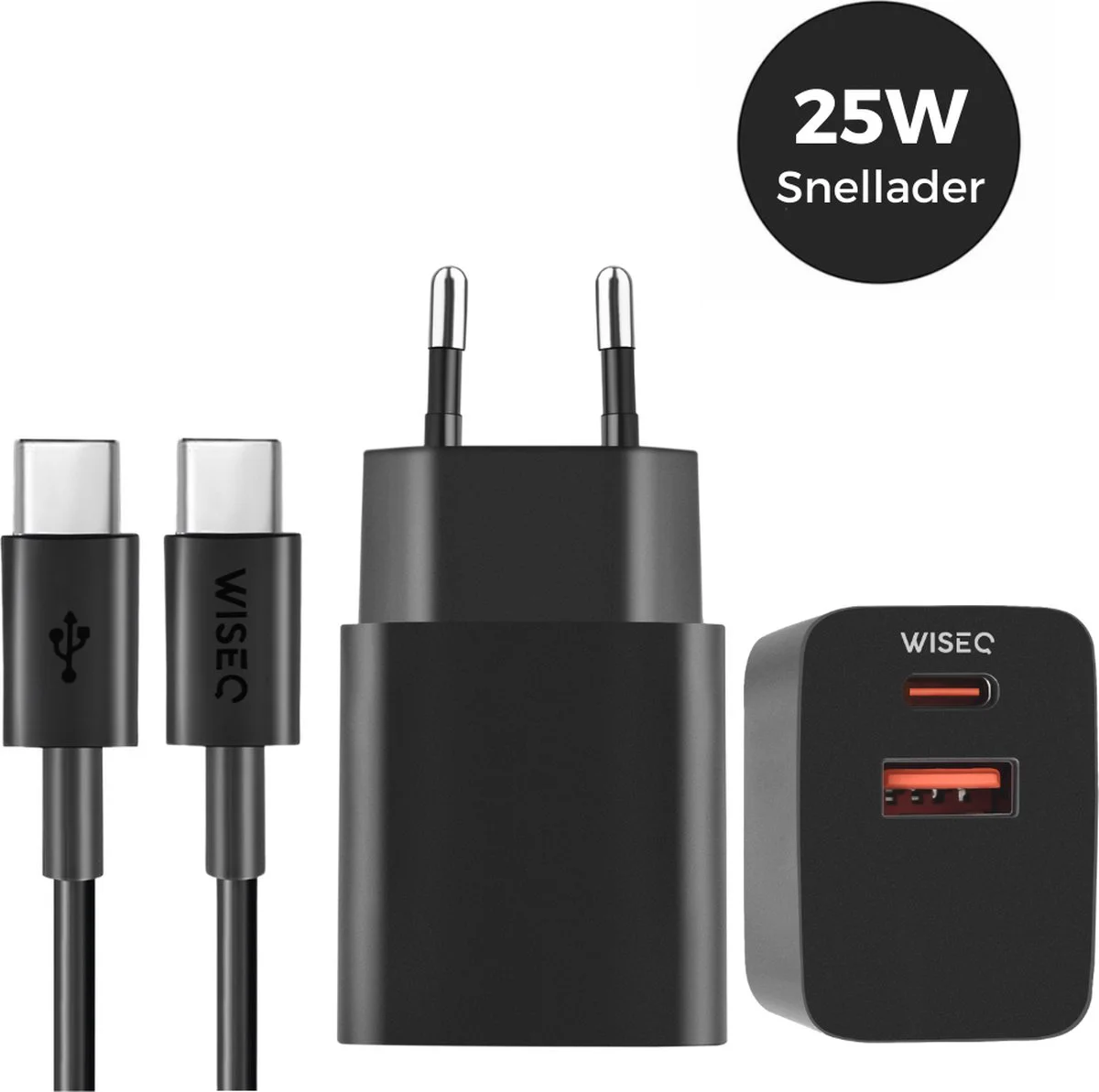 Snellader 25W - USB A en USB C oplaadstekker - inclusief USB C oplaadkabel 2 meter - geschikt voor Samsung, iPhone, Huawei, Oppo, iPhone - zwart - WiseQ
