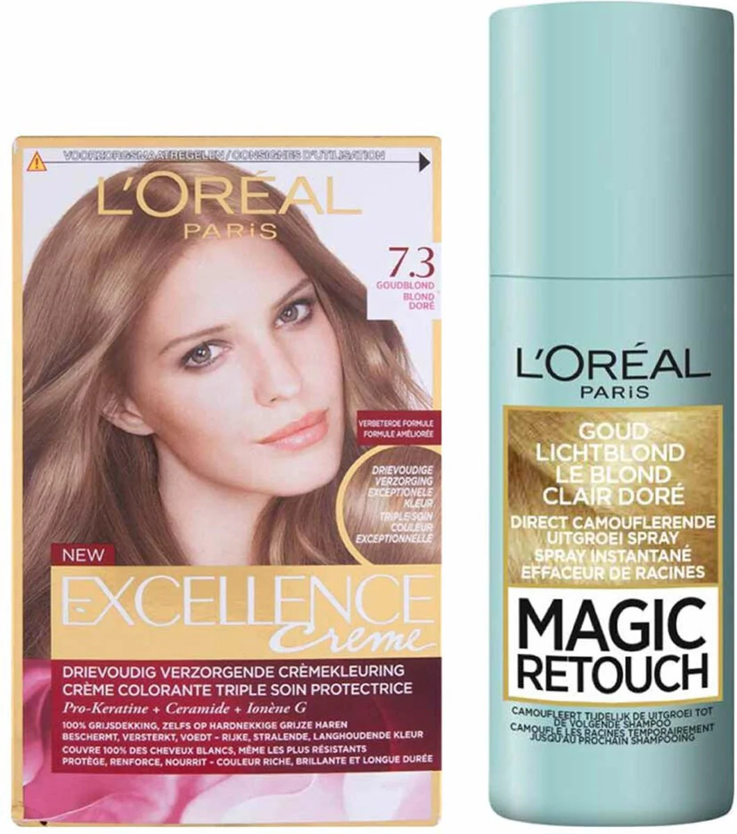 L'Oréal Excellence Creme Haarverf 7.3 Goudblond + Magic Retouch Uitgroeispray Blond 75 ml Pakket