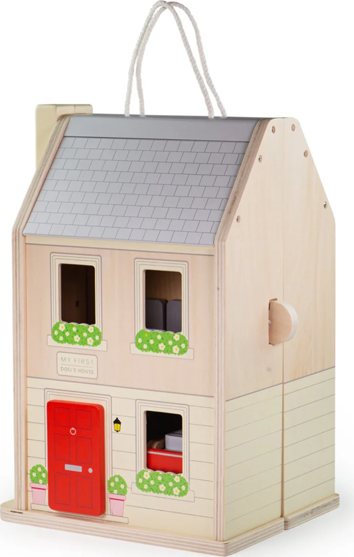 BigJigs poppenhuis houten speelgoed met accessoires en poppen.
