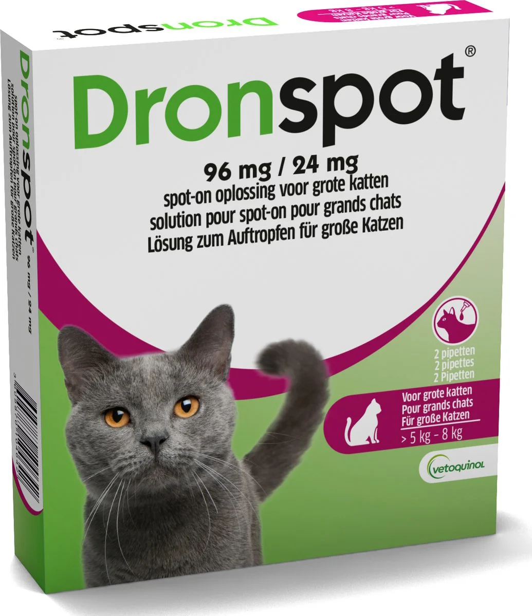 Dronspot Spot On Ontwormingsmiddel voor grote katten (5-8 kg) 2 pipetten