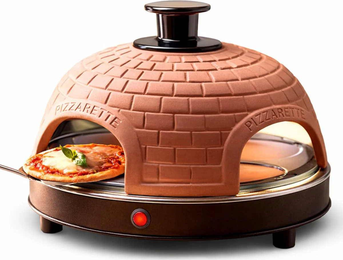 Emerio Pizzarette Origineel - 4 Persoons Pizza Oven - Handgemaakte Terracotta Koepel - 4 Geïsoleerde Bakspatels - RVS Bakplaat - Gourmetstel met Cool touch koepel - PO-115985 900W
