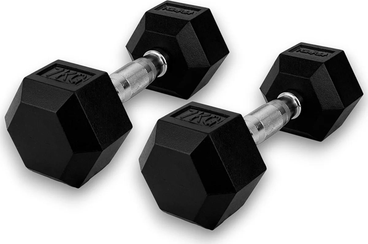 KRAKEN 2x 7 KG (=14 kg) Hexagon Dumbbell Set - Hex Dumbbell Halter Gewichten - Gietijzer Rubberen Coating - Chromen Handgreep 3,3 cm Ergonomisch - Rolt Niet - Stapelbaar - Thuis Gym Krachttraining - Dumbel Dumbbel Hand Gewicht Trainingshalter