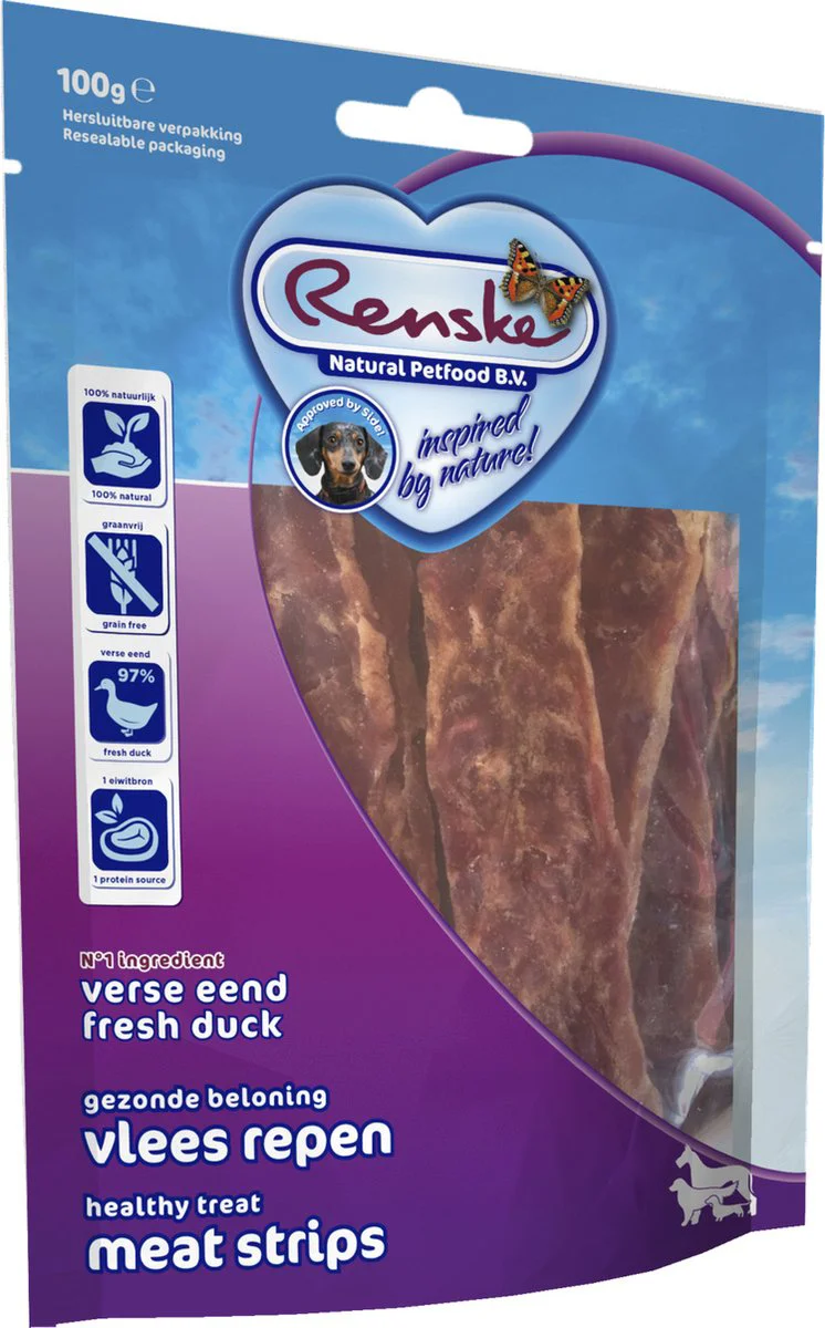 Renske Gezonde Beloning Vleesrepen Hondensnack Eend 100 gr