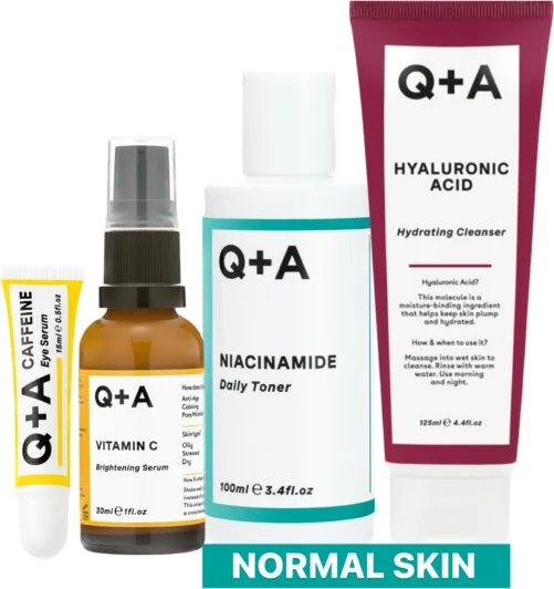 Q+A Normal Skin - Reinigingsgel 1x 125 ml & Toner 1x 100 ml & Gezichtsserum 1x 30 ml & Oogserum 1x 15 ml - Pakket