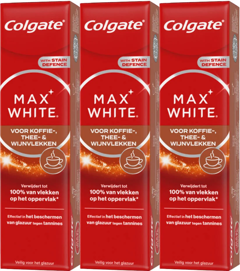 3x Colgate Tandpasta Max White For Coffee, Tea & Wine 75 ml