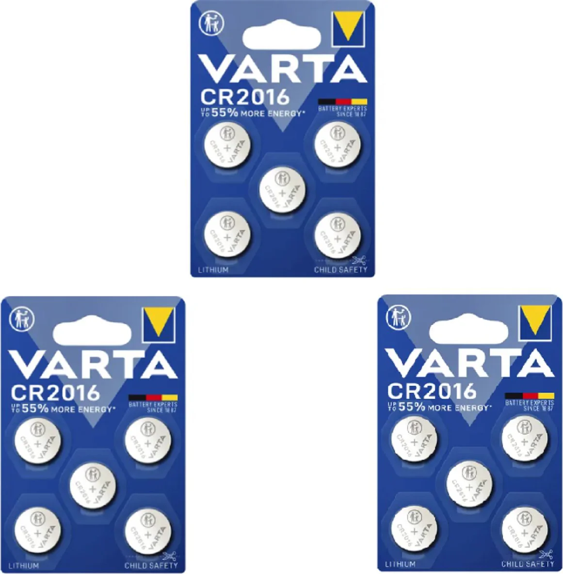 3x Varta LITHIUM Coin Batterijen CR2016 Blister 5 stuks
