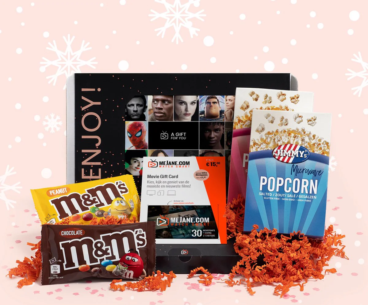 Filmpakket - mooie filmbox met persoonlijk bericht, Jimmy's popcorn, M&Ms en filmtegoed voor 3-5 topfilms - Relatiegeschenk - Thuis bioscoop filmbox - Kerstpakket