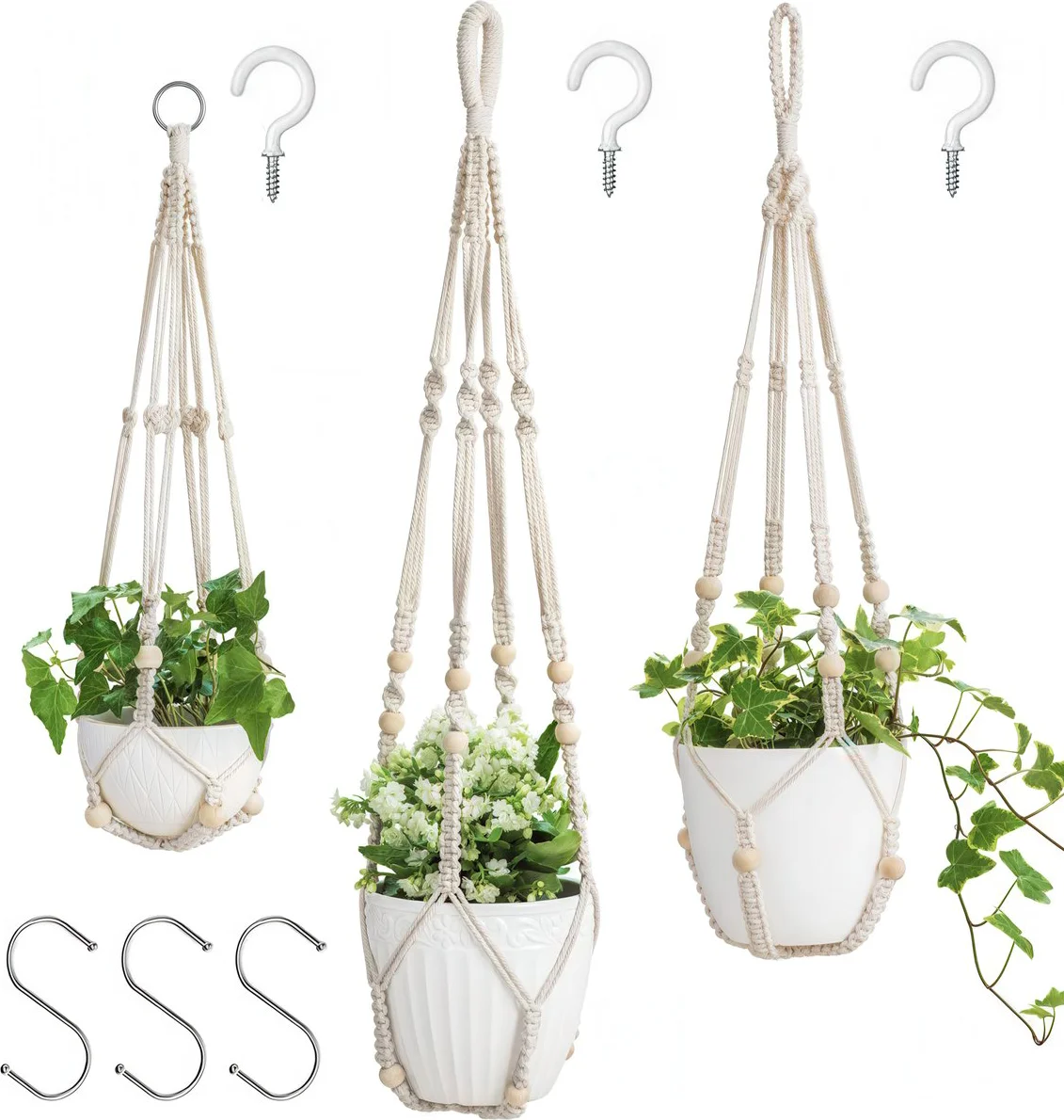 3 Stuks Luxe Macrame Plantenhangers - Boho Handgeweven Katoen Hangpot voor Binnen/Buiten - Hangende Bloempot met Kralen - Macramé Touw/Koord Hangplant Houder - Bohemian Wandhanger Decoratie - Plant Hanger - Verticale Tuin Bloempothouder Planthanger