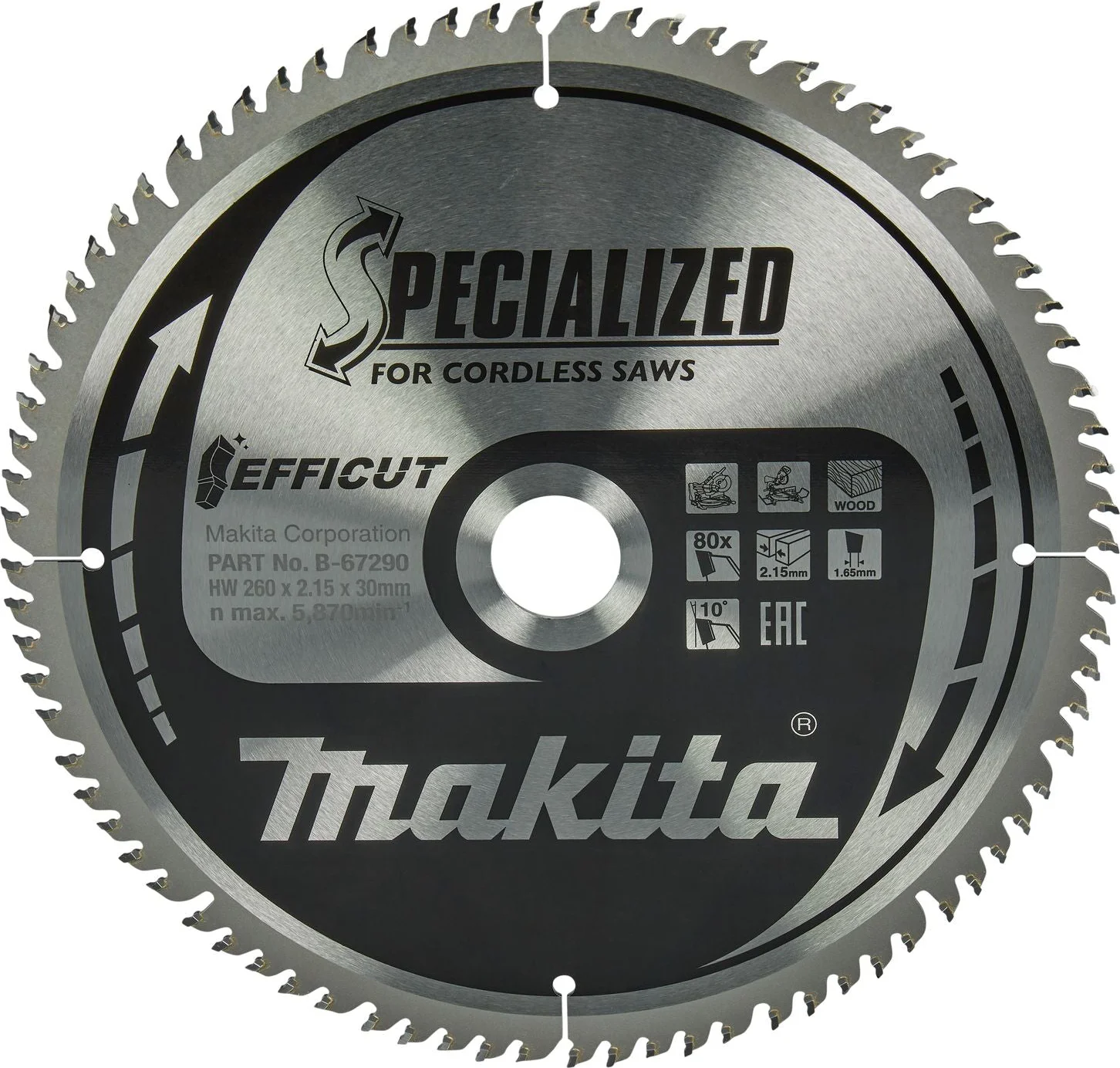 Makita Afkortzaagblad voor Hout | Efficut | Ø 260mm Asgat 30mm 80T - B-67290