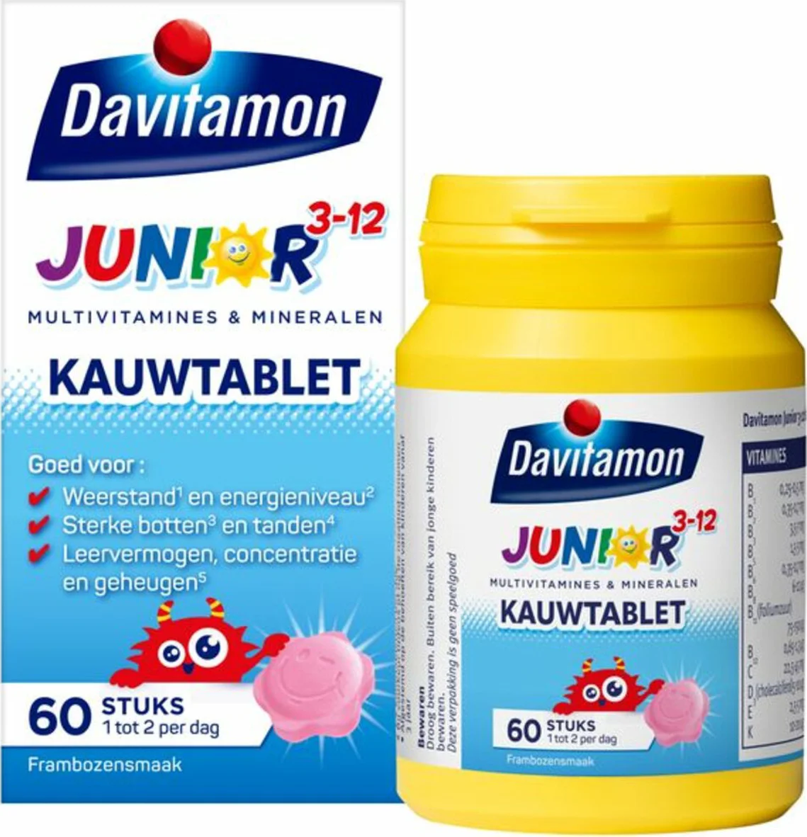 4x Davitamon Junior 3+ Kauwvitamines Framboos 60 kauwtabletten
