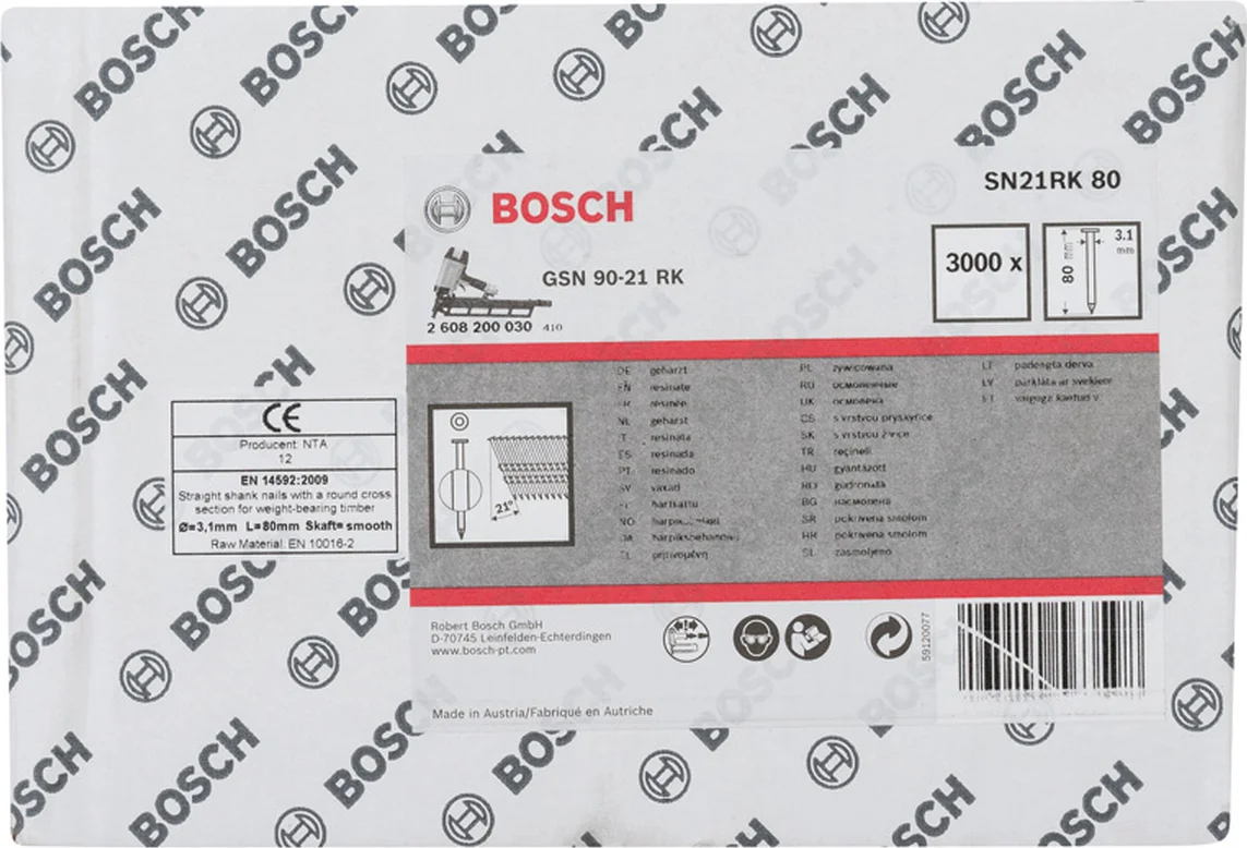 Bosch Professional PRO SN21FH Full-head nagel 80 mm | 21° | Glad | Blank | 3,1 x 7,0 | 3000 stuks - 2608200030