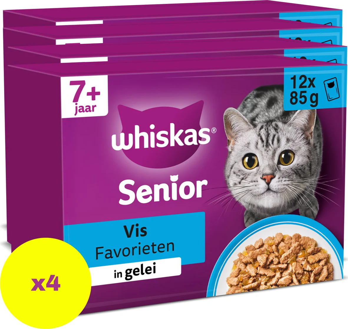 4x Whiskas 7+ Vis Selectie in Gelei Maaltijdzakjes Multipack 12 x 85 gr