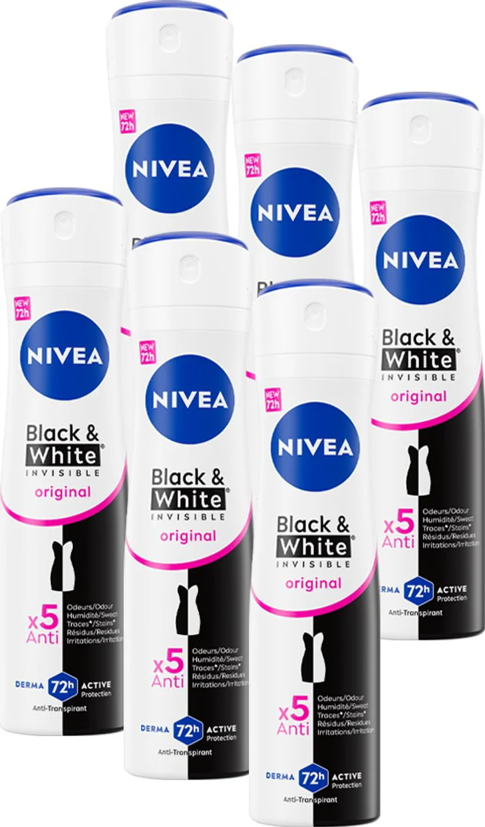 6x NIVEA Deodorant Spray Invisible For Black & White Clear 150 ml