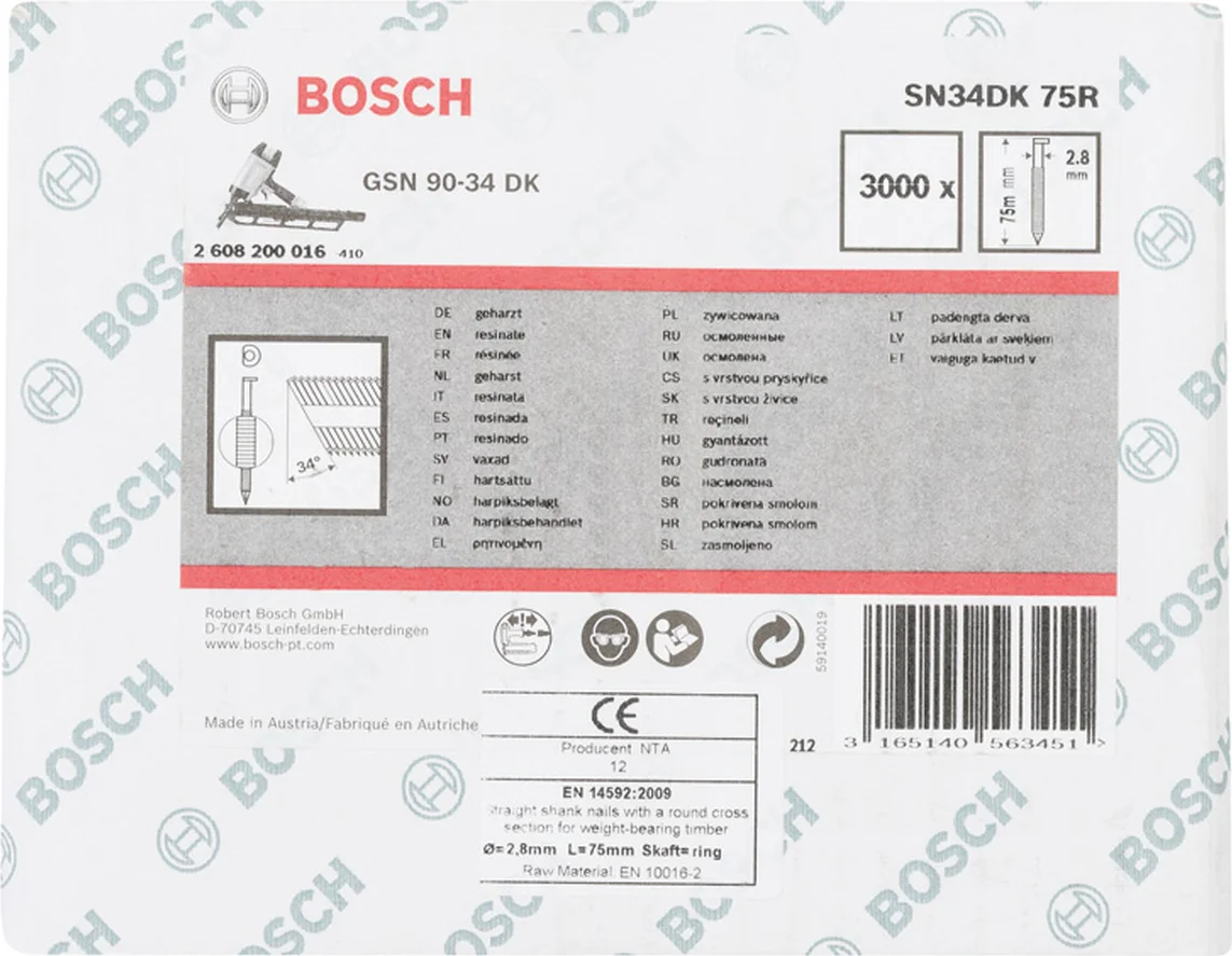 Bosch Professional PRO SN34CH D-kop nagel 75 mm | 34° | Geringd | Blank | 2,8 x 7,0 (D-vorm) | 3000 stuks - 2608200016