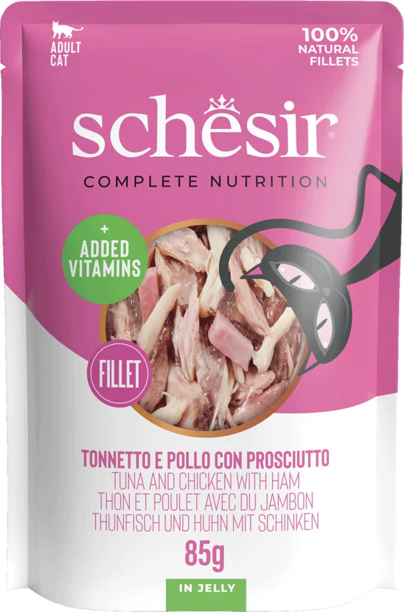 12x Schesir Kattenvoer Tonijn - Kip - Ham in Gelei 85 gr