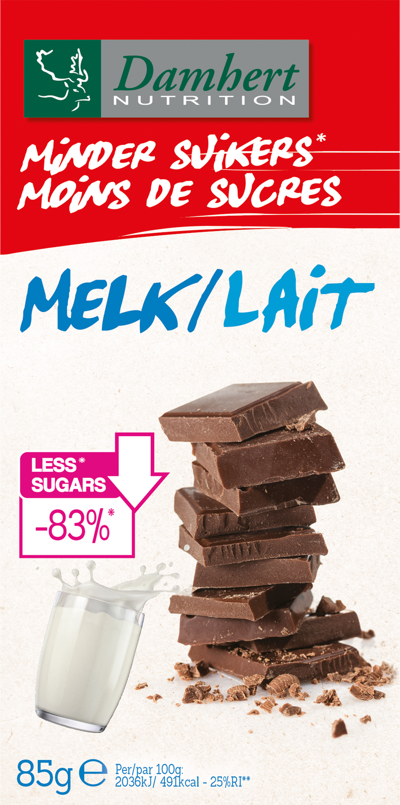 Damhert Minder Suikers Chocoladetablet Melk 85GR