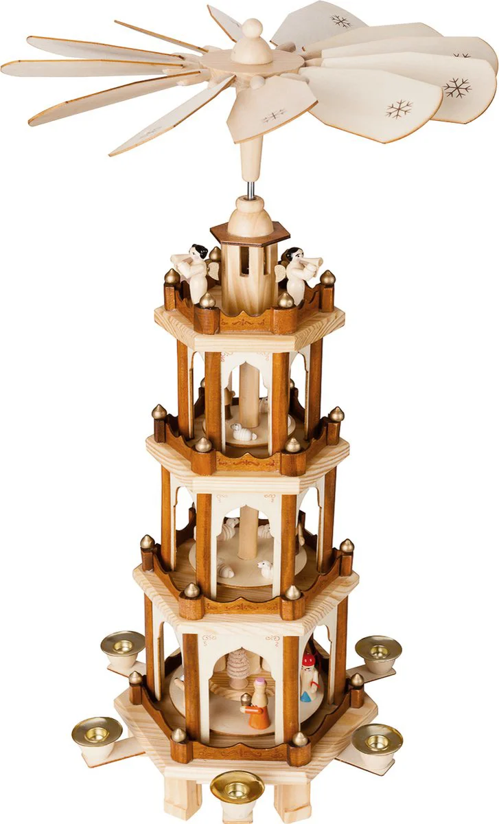 BRUBAKER Kerstpiramide Houten Piramide - Natuur - 4 Niveaus - 60 cm Hoogte - Handbeschilderde Figuren