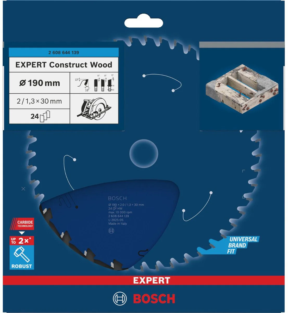 Bosch Professional Cirkelzaagblad EXPERT Construct Wood | Ø 190 x 2,0 x 30mm 24T - 2608644139