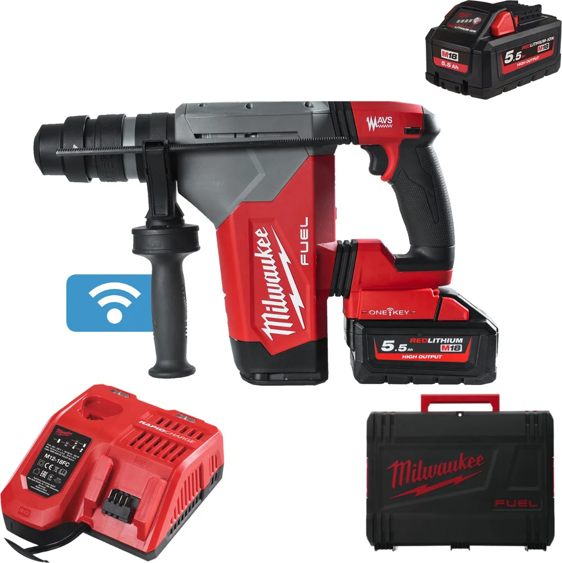 Milwaukee M18 FUEL™ ONEFHPX-552X ONE-KEY™ Accu combihamer SDS-Plus 5,0J + snelwisselboorkop 18V 5.5Ah in HD-Box - 4933478496