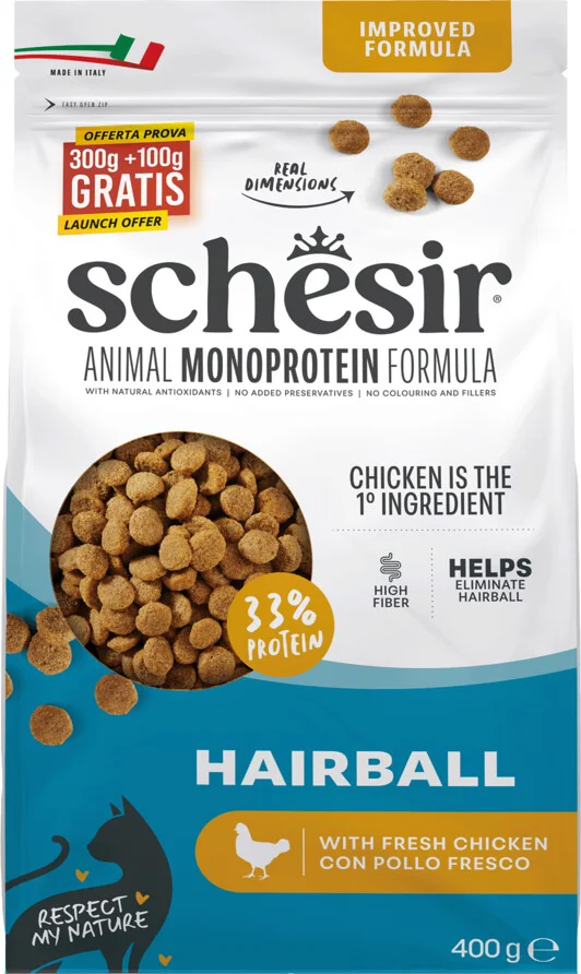 8x Schesir Monoproteïne Promo Kattenvoer Droog Hairball Kip 400 gr