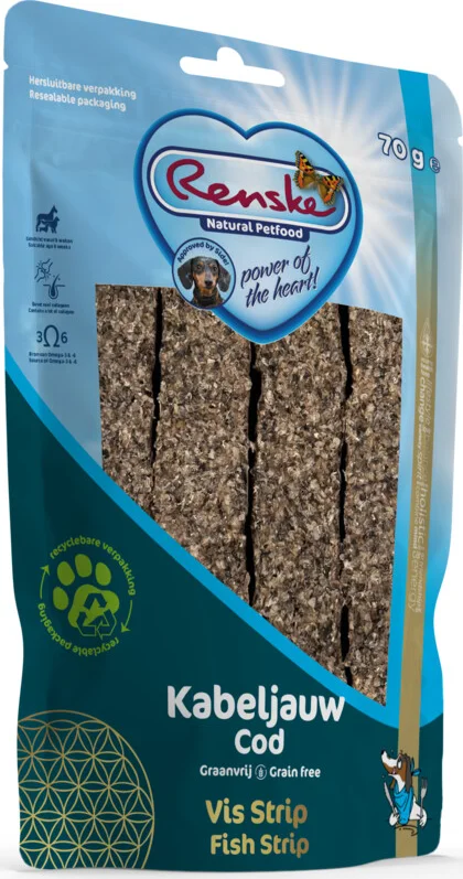 Renske Gezonde Beloning Vleesstrips Hondensnack Kabeljauw 70 gr