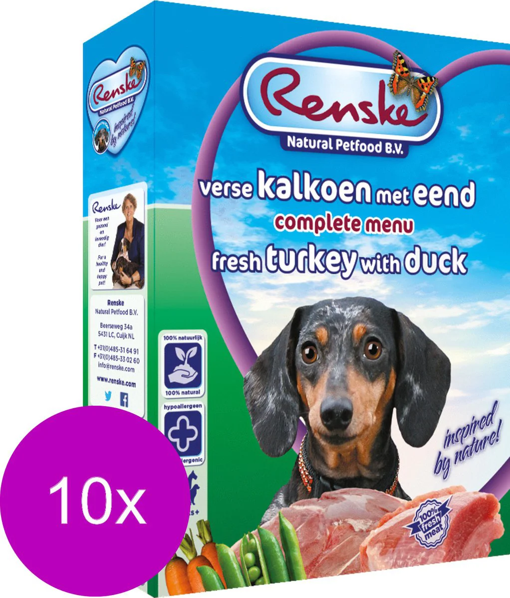 10x Renske Vers Gestoomd Complete Menu Hondenvoer Nat Kalkoen - Eend 395 gr
