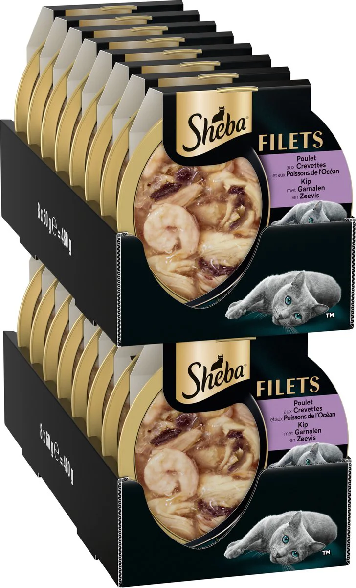 16x Sheba Filets Kattenvoer Natvoer Garnaal & Oceaanvis & Kip in Saus 60 gr