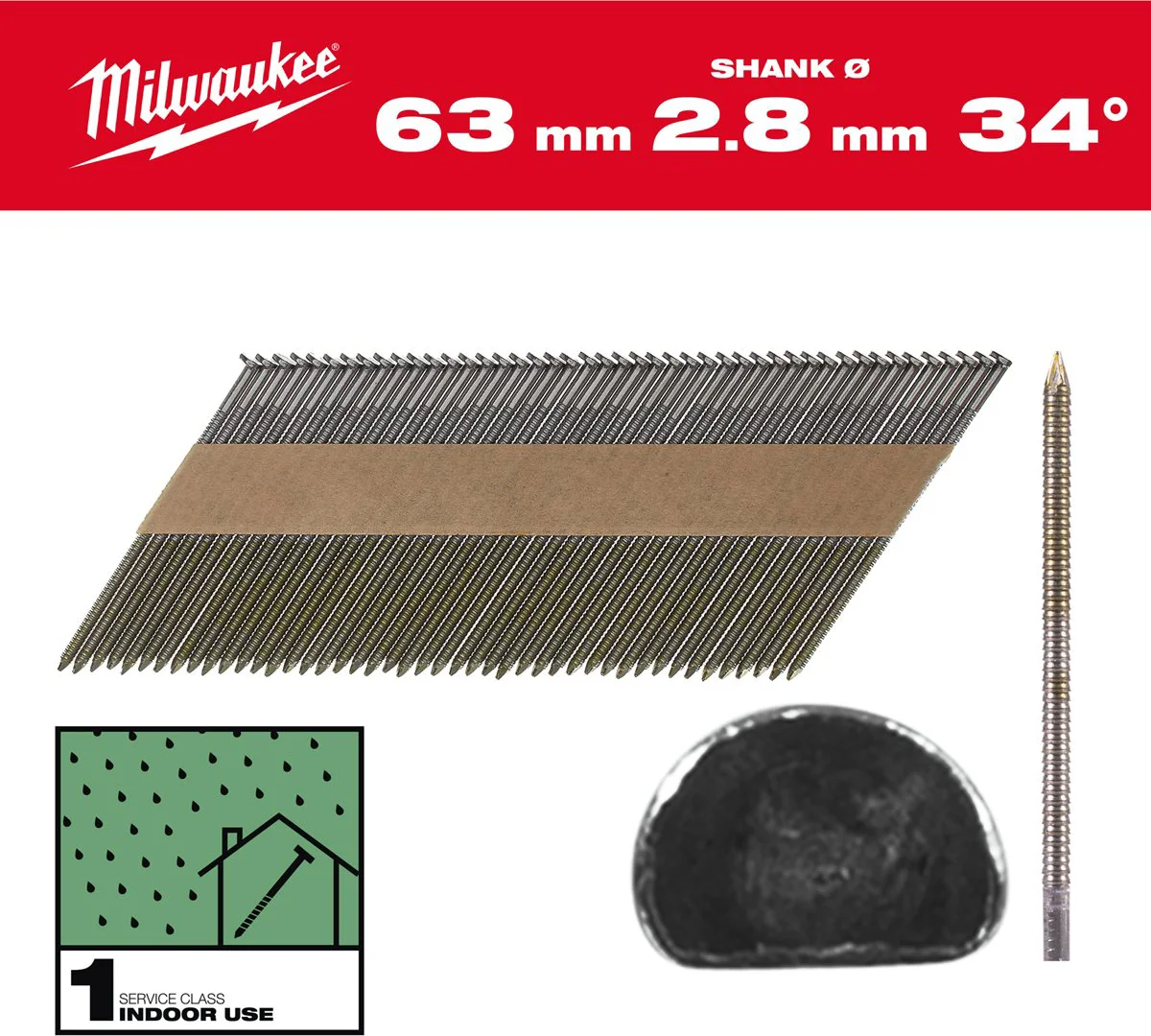 Milwaukee Nagels D-kop 34° 63mm | Ring Schacht | Blank | VE=2200 - 4932492600