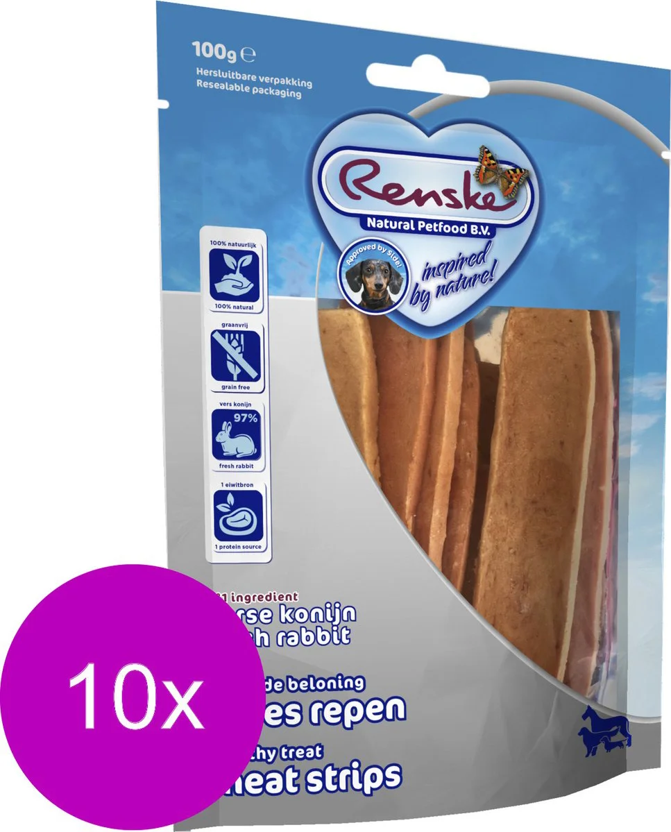 10x Renske Gezonde Beloning Vleesrepen Hondensnack Konijn 100 gr