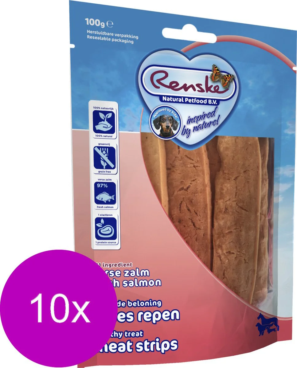 10x Renske Gezonde Beloning Vleesrepen Hondensnack Zalm 100 gr