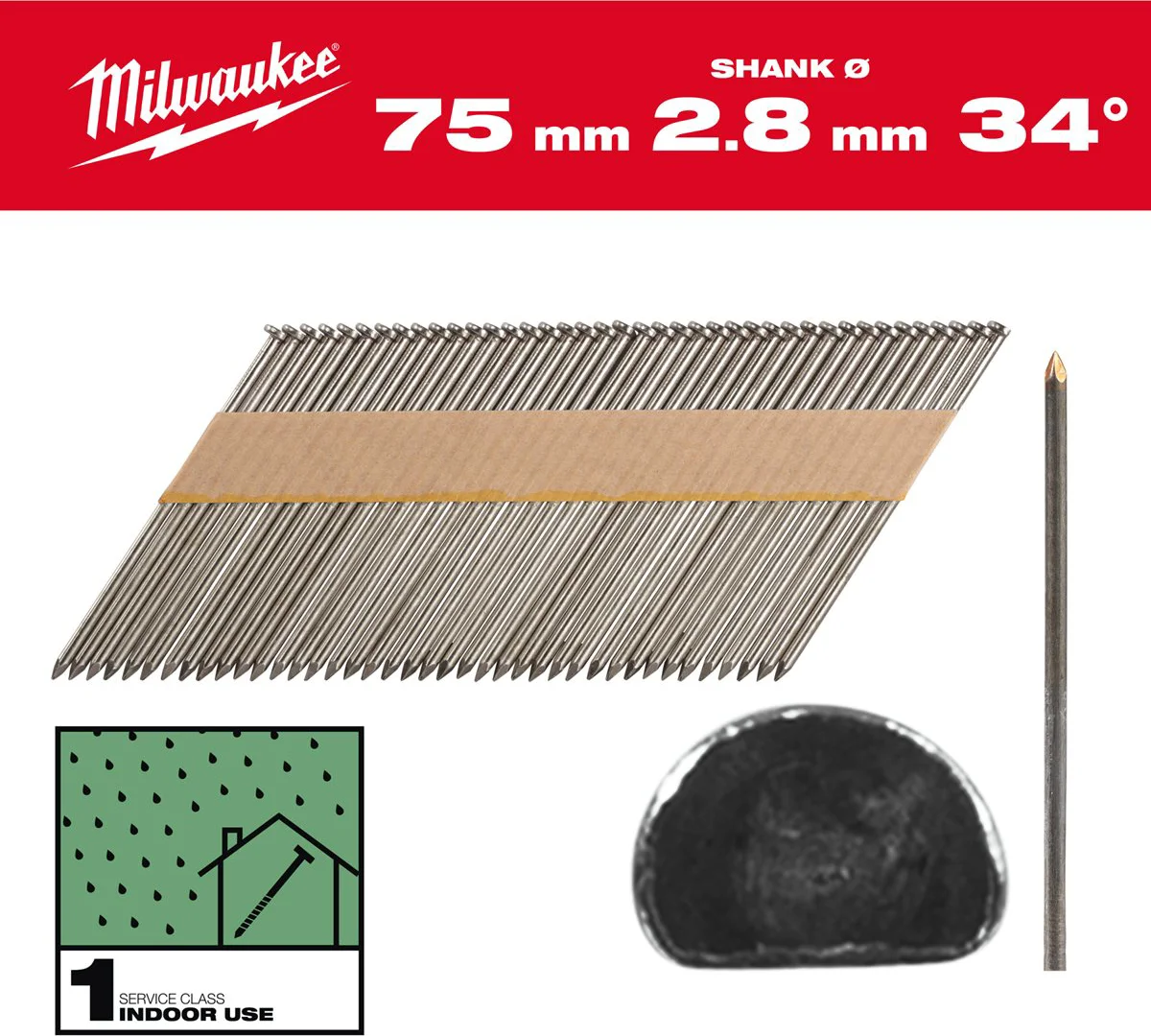 Milwaukee Nagels D-kop 34° 75mm | Gladde Schacht | Blank | VE=2200 - 4932492597
