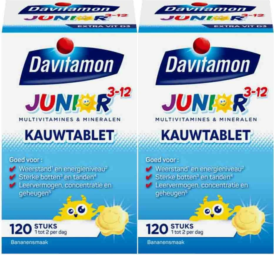 2x Davitamon Junior 3+ Kauwvitamines Banaan 120 kauwtabletten
