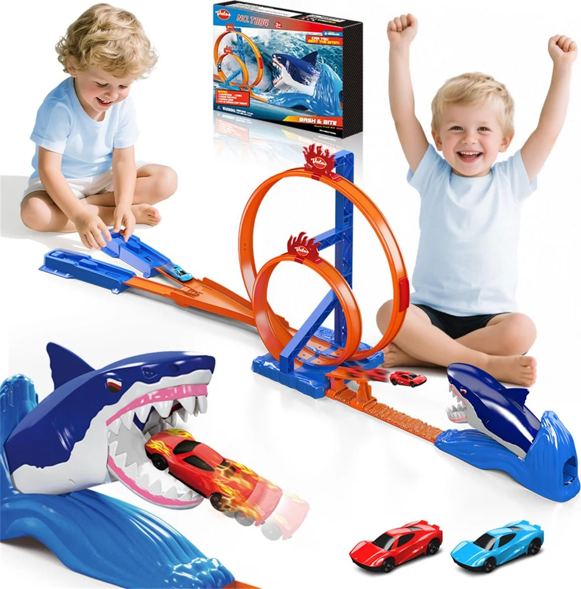 VATOS Haai Racebaan Carrera Set - Dual Loop Racebaan Hotwheels - 2 Racewagens & Lanceerders Treinbaan- Educatief Speelgoed Voor Kinderen 3-8 Jaar