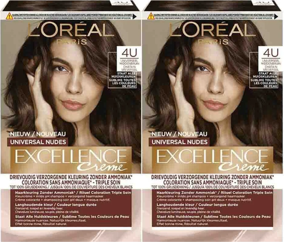 2x L'Oréal Excellence Crème Universal Nudes Permanente Haarkleuring 4U Universeel Middenbruin