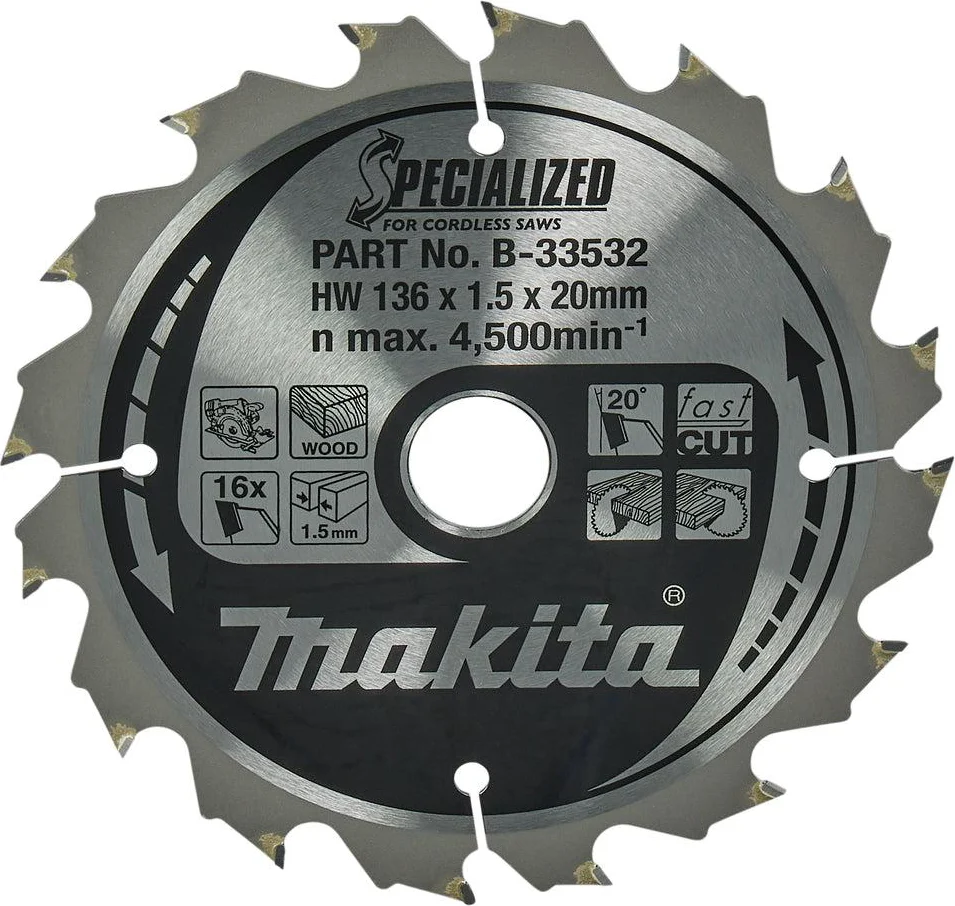 Makita Cirkelzaagblad voor Hout | Specialized | Ø 136mm Asgat 20mm 16T - B-33532