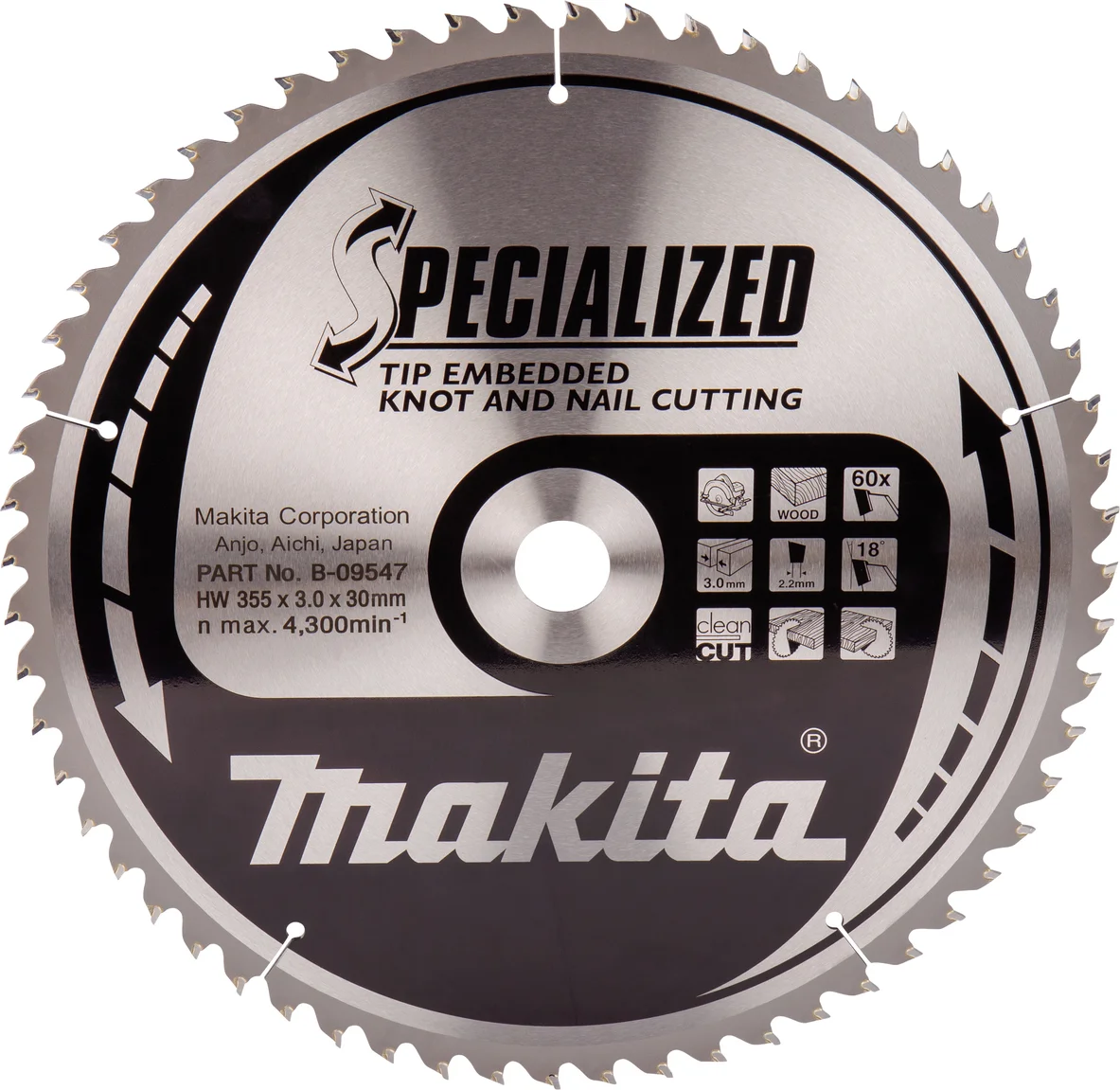 Makita B-09547 Cirkelzaagblad Hout (noest/spijker) | Embedded Tip | 355 x 30 mm | 60-tands