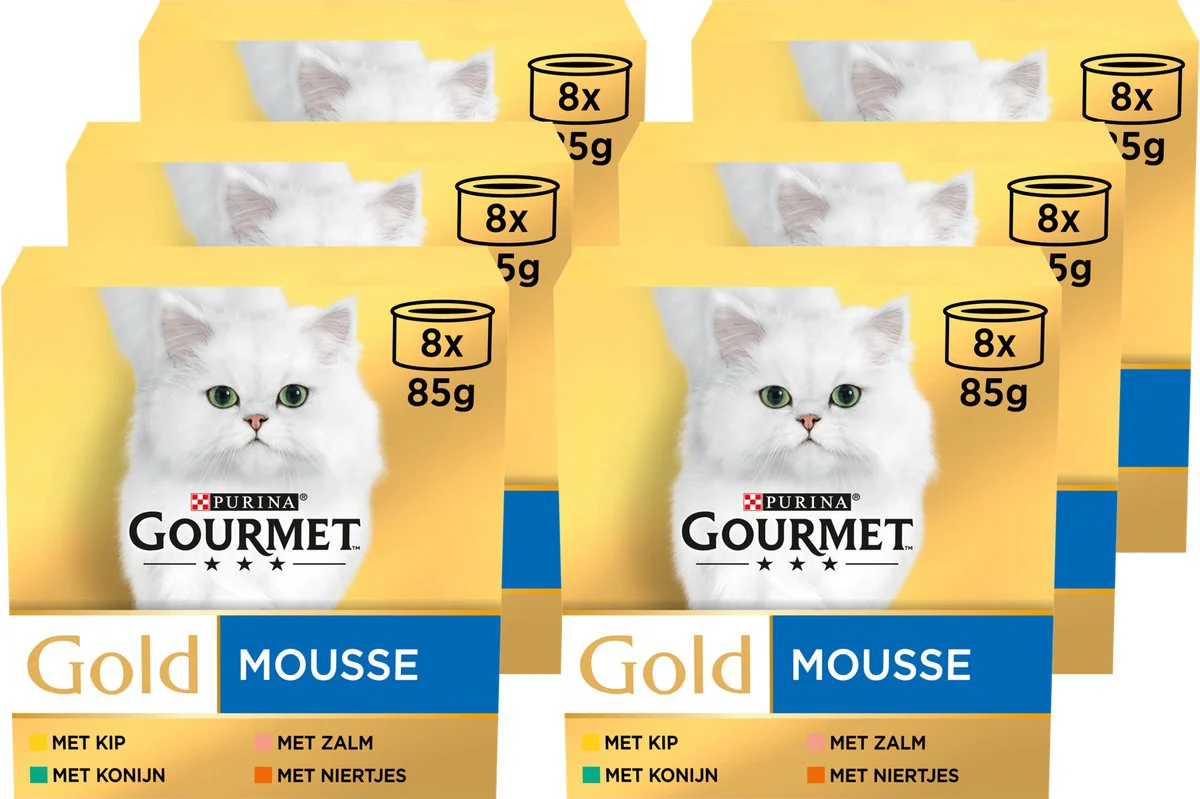 6x Gourmet Gold Kattenvoer Nat Mousse Kip - Zalm - Niertjes - Konijn 8 x 85 gr