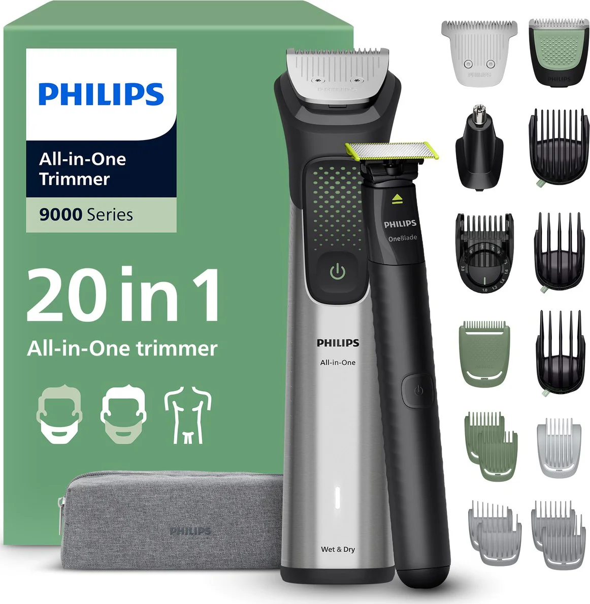 Philips Series 9000 Multigroom - Baardtrimmer - 20 in 1 - Neushaartrimmer - Precisietrimmer - Lichaamstrimmer - Wenkbrauwtrimmer - Face&Hair&Body - Scheersensor - Opbergetui inclusief OneBlade Face - MG9558/15