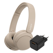 Sony WH-CH520 Crème + BlueBuilt Quick Charge Oplader met Usb A Poort 18W Zwart