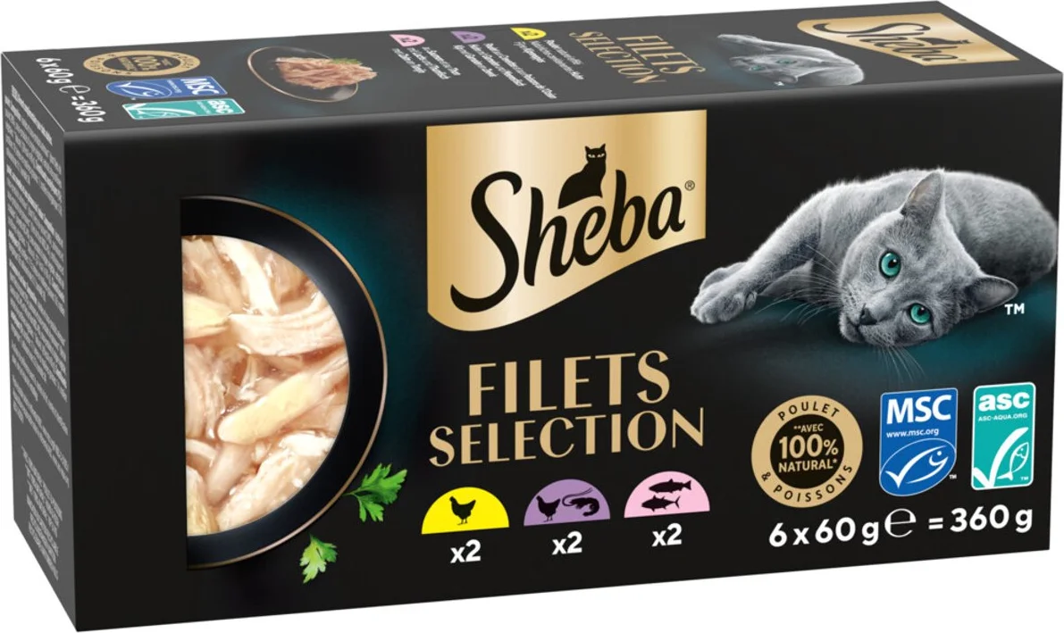 Sheba Kattenvoer Nat Filets Kip & Zalm in Saus Multipack 6x60 gr